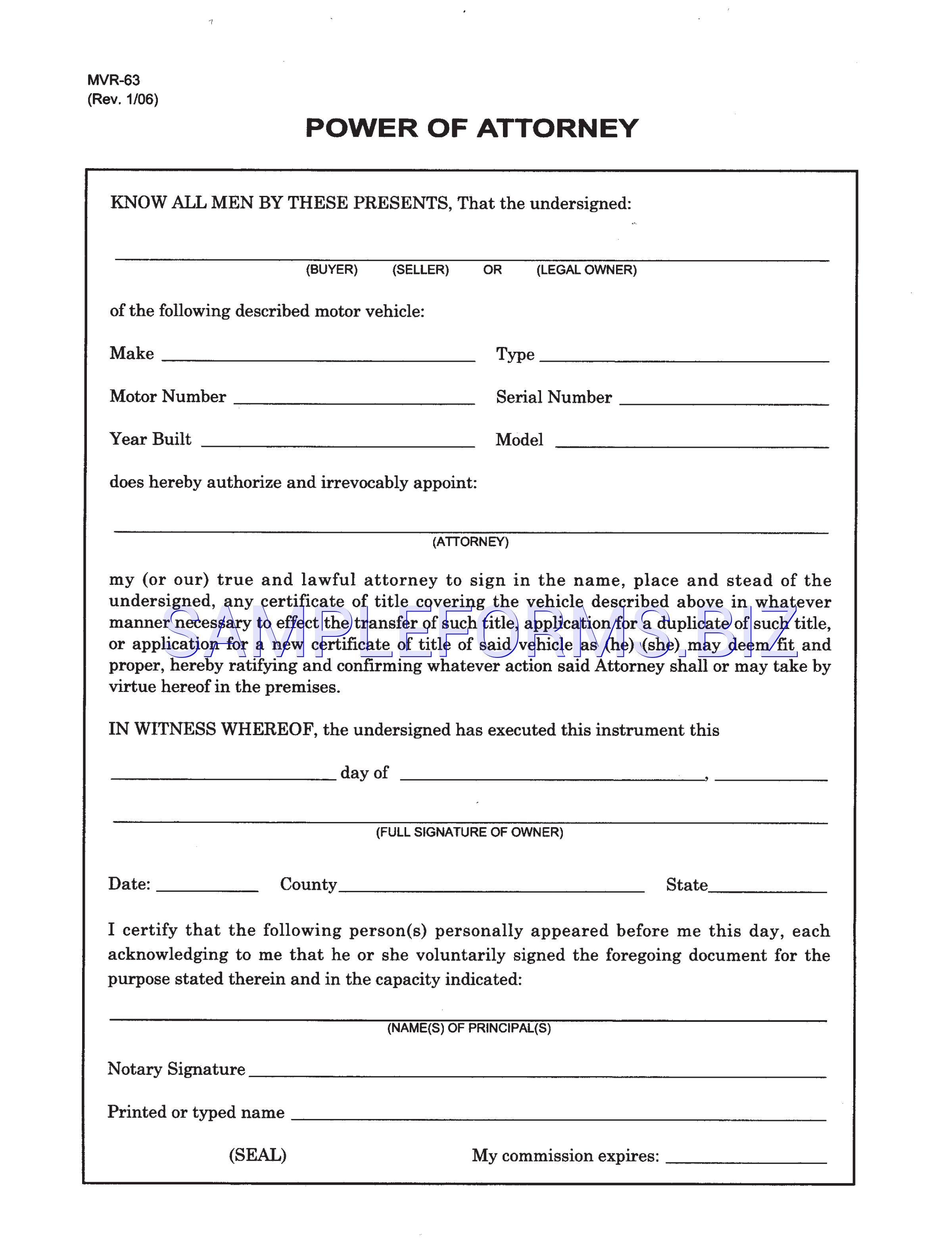 Preview free downloadable North Carolina Motor Vehicle Power of Attorney Form in PDF (page 1)